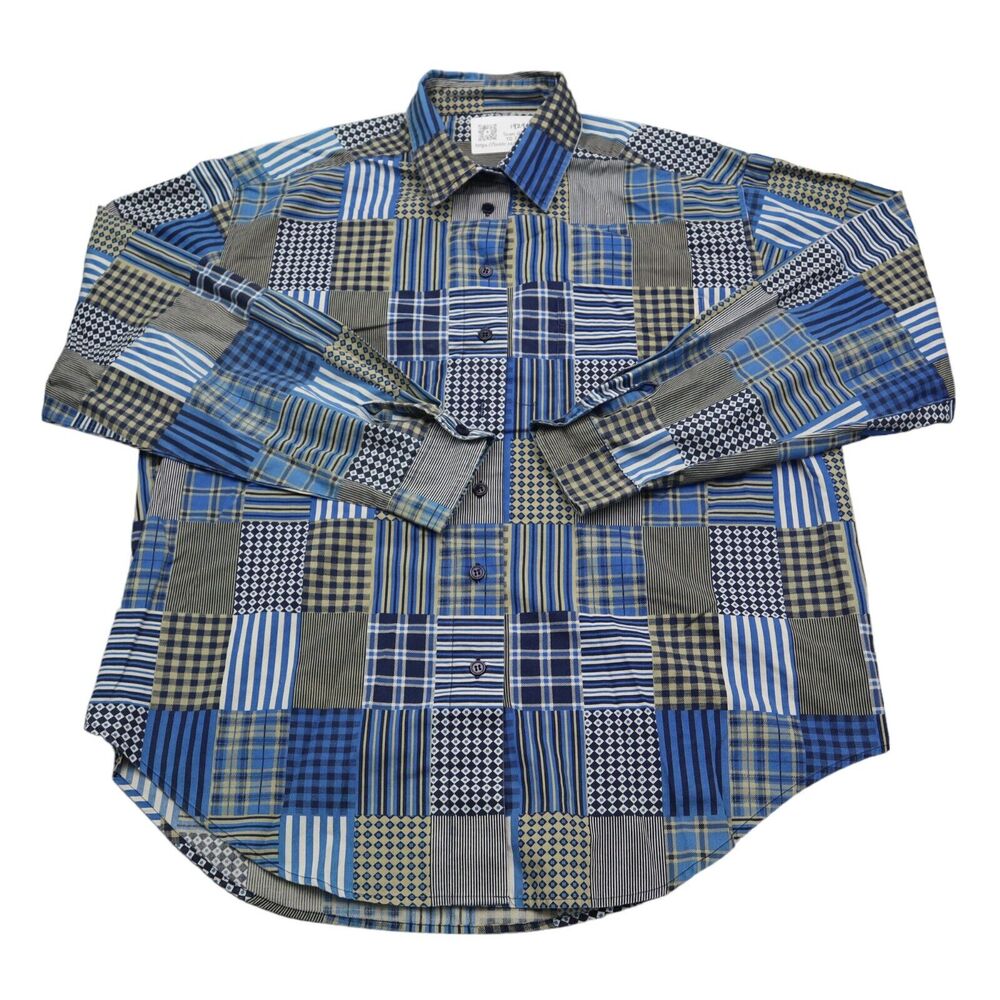 Casual Shirt Womens Blue Patchwork Long Sleeve Collared Button Up Top